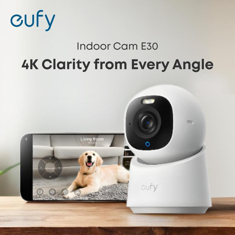 Eufy Indoor Cam E30, Latest Generation, 4K UHD Security Camera, 360 Pan-Tilt, Color Night Vision, AI Detection for Human/Pet/Audio/Crying, Human/Pet Auto Tracking, Works with Homekit｜Spingtok