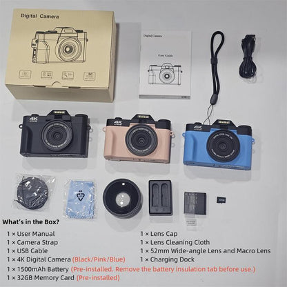 GLOBAL PICK 4K Digital Camera with 180° Flip Screen, 16X Digital Zoom Vlogging Camera, Autofocus Camera, Including Wide Angle & Macro Lens, 32GB TF Card, Ideal Gift Choice, Camera